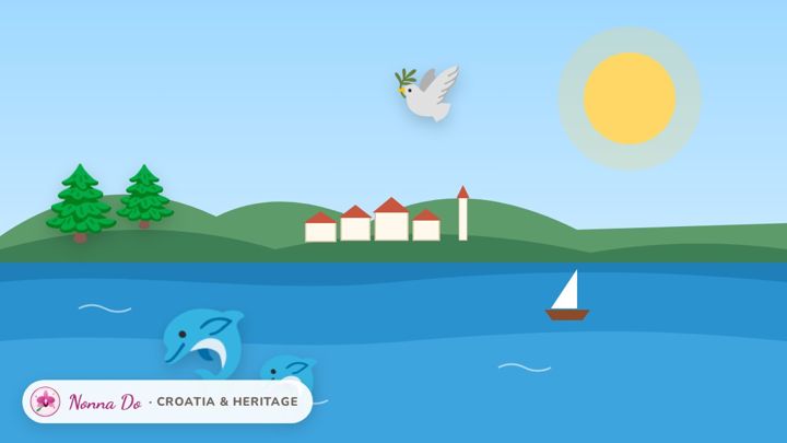 Illustration of the Lošinj coast with dolphins