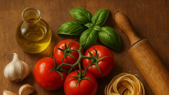 Tomatoes, garlic, basil, olive oil and pasta — Nonna’s pantry